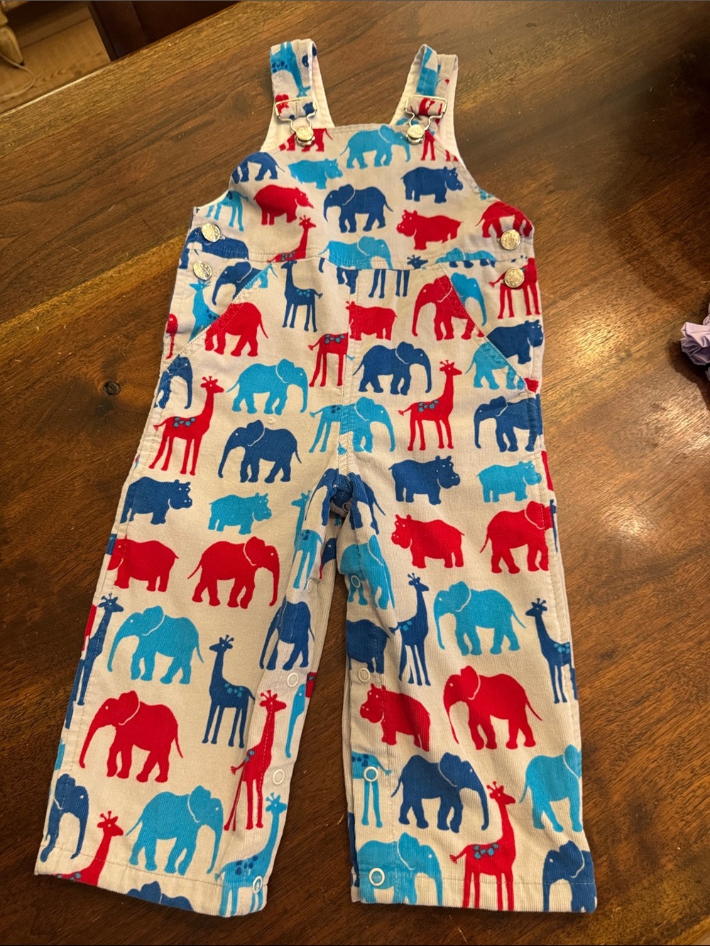 Kelly’s Kids Animal Print Overalls - Red & Blue on gray